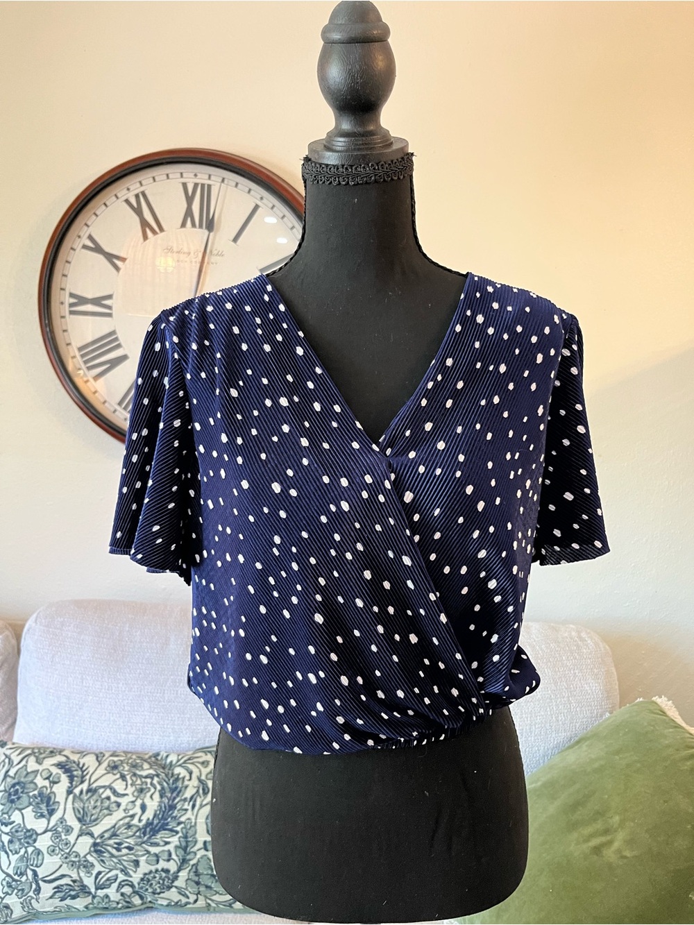 Astr Navy and White Polka Dot Wrap-Style V-Neck Top
